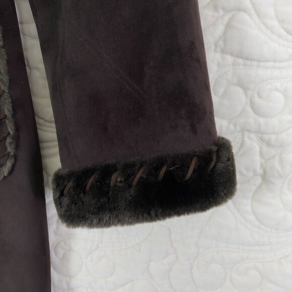 Dana Buchman Fur Lined Pea Coat Size Medium Chocolate Brown Faux Suede - Picture 5 of 12